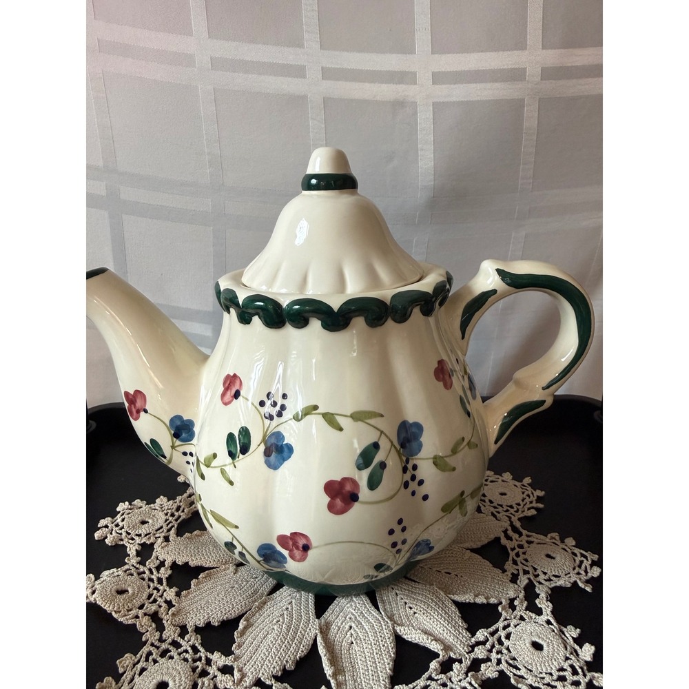 Hand Painted Floral Ceramic Teapot Cream Cottagecore Scalloped Trim 9 Inch